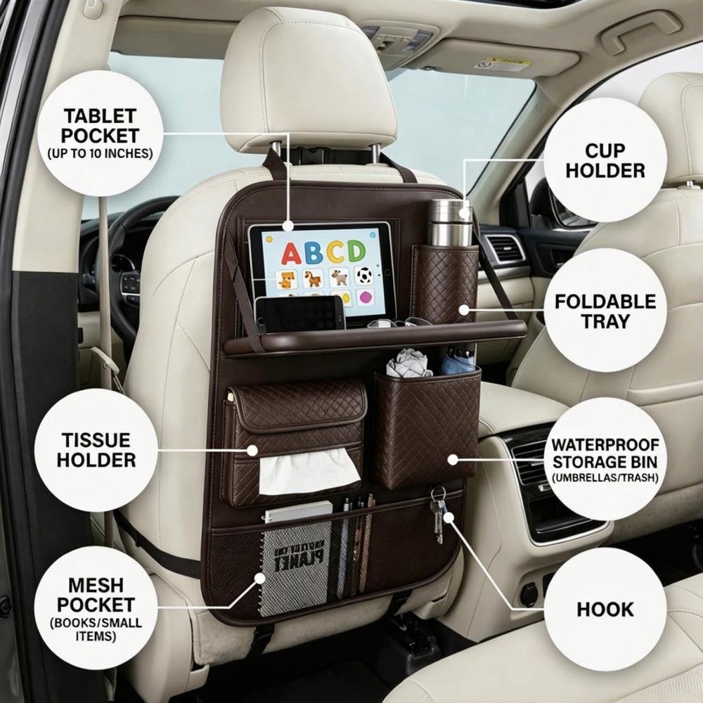 Car Seat Back Organizer with Foldable Tray, Tablet Holder & Pockets