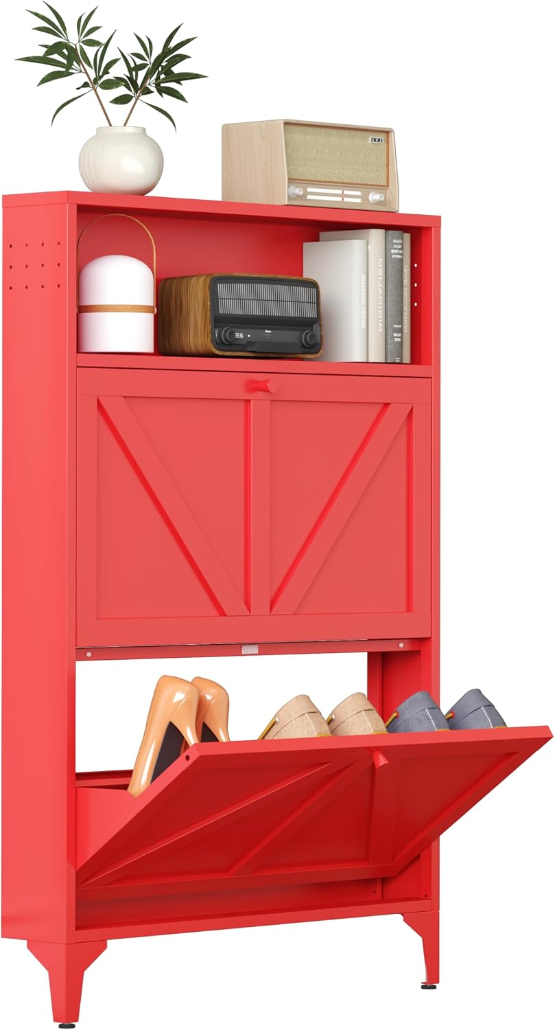 Shoe Storage Cabinet for Entryway with 2 Flip Drawers, Freestanding Shoe Orga...