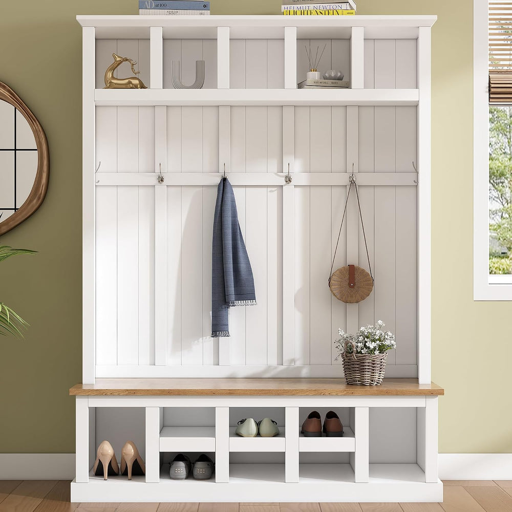 78''H Hall Tree with Wide Storage Seating Bench, Farmhouse Wooden Sty...