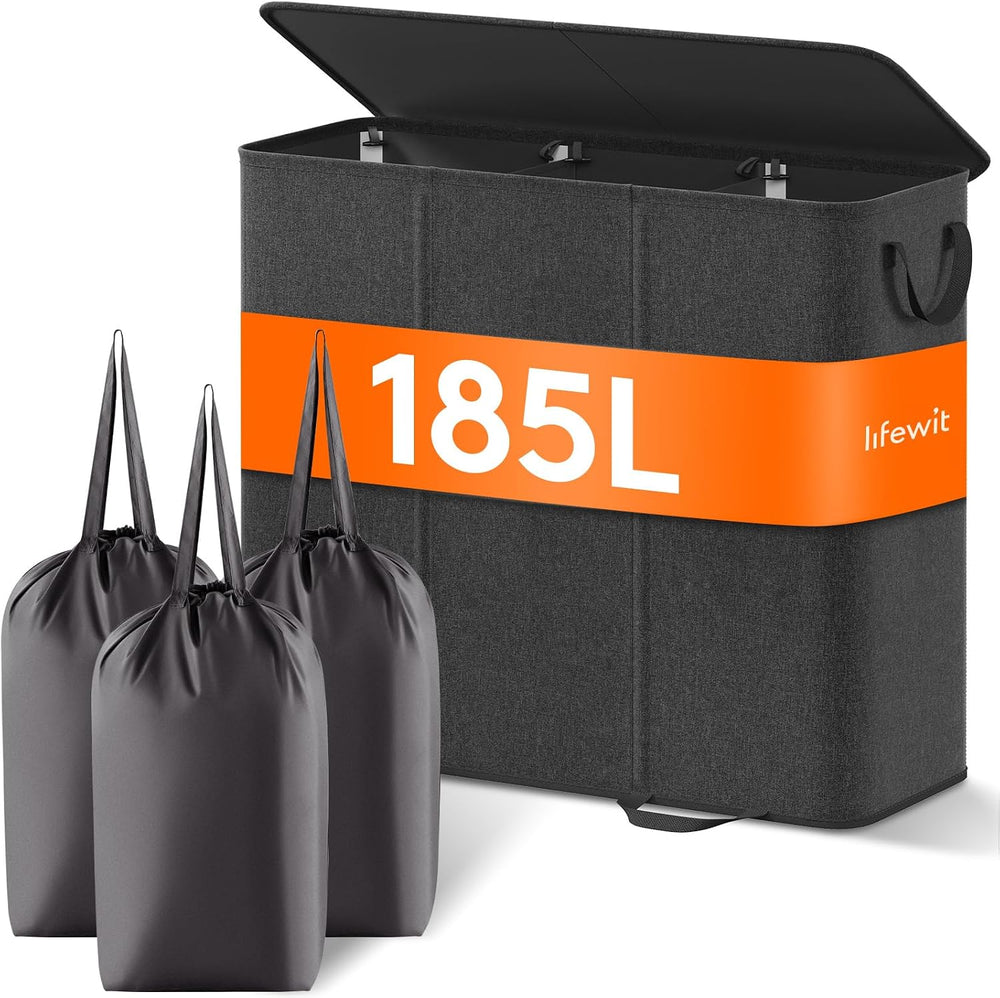 Lifewit Triple Laundry Hamper with Lid, Removable Laundry Bags, Black