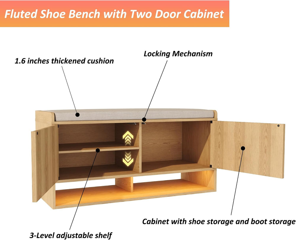 HOMEFORT 39.4" Fluted Shoe Storage Bench, Entryway Bench with Linen Seat...