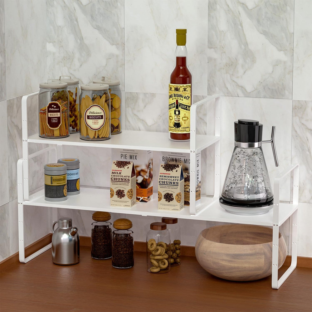 Expandable Kitchen Cabinet Shelf Organizers 2 Pack, Stackable Metal Pantry St...