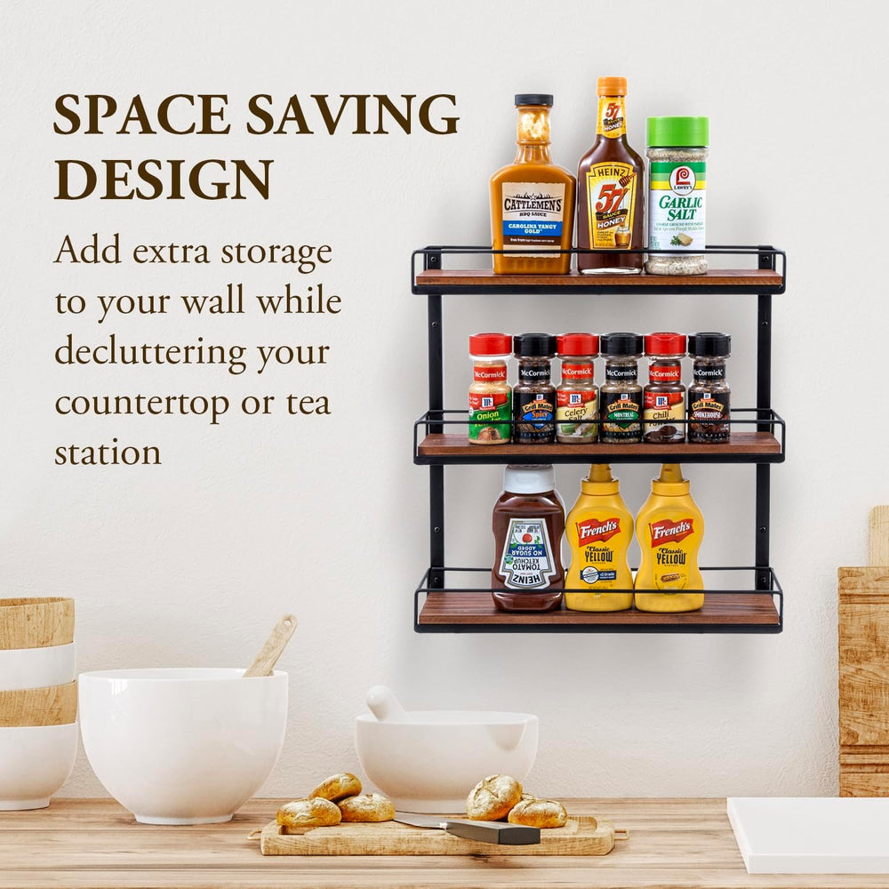 MyGift 3 Tier Spice Rack, Black Metal & Burnt Wood Wall Shelf