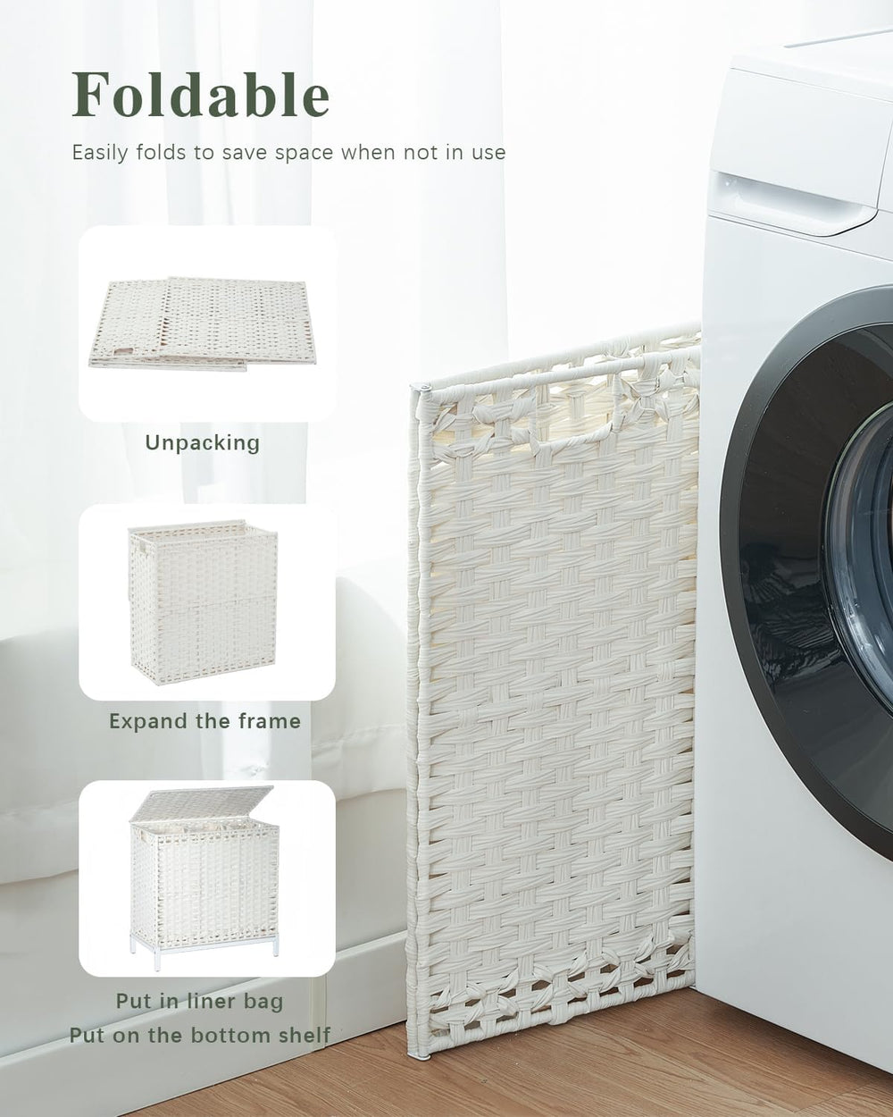 SETVSON Laundry Hamper with Lid, 112 L Handwoven Rattan, Cloud White