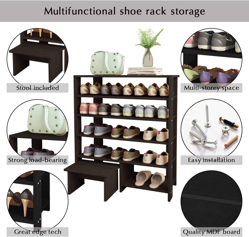 Jerry & Maggie - 5 Tier Wood MDF Shelf Shoe Rack with One Footstool/Shoe ...