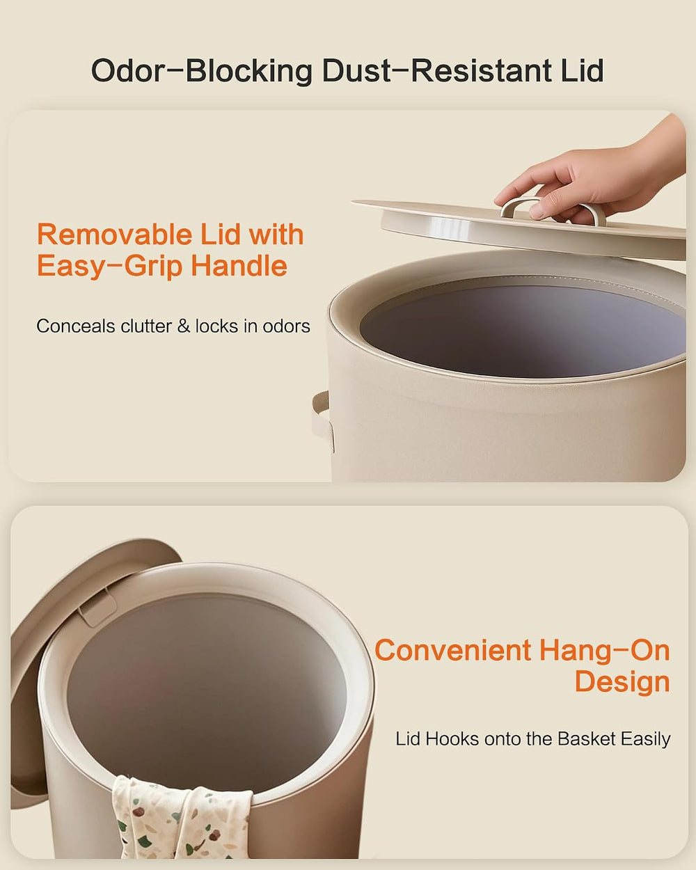 126L Laundry Basket with Lid, Laundry Hamper, Laundry Room, Beige