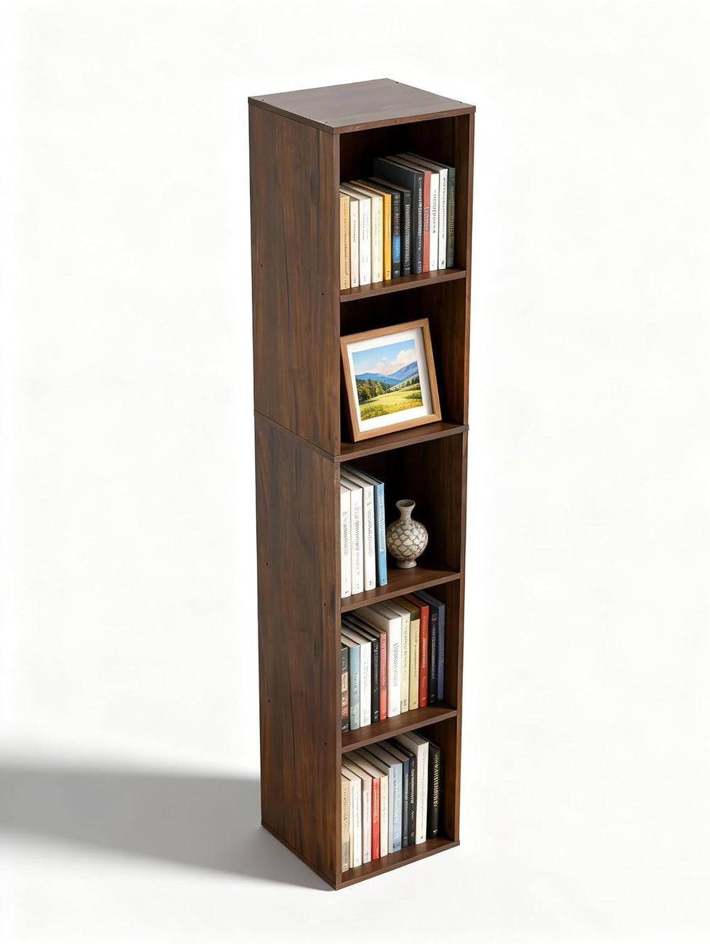 5 Cube Storage Organizer, Narrow Open Shelf Bookcase, Freestanding 5 Tier Low...