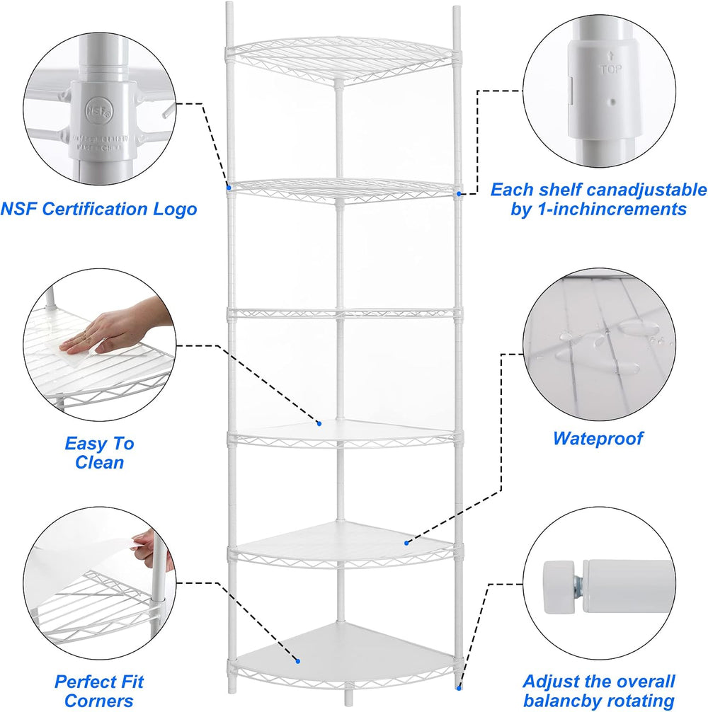 6 Tier NSF Metal Corner Shelf Wire Shelving Unit, 420lbs Capacity Heavy Duty ...