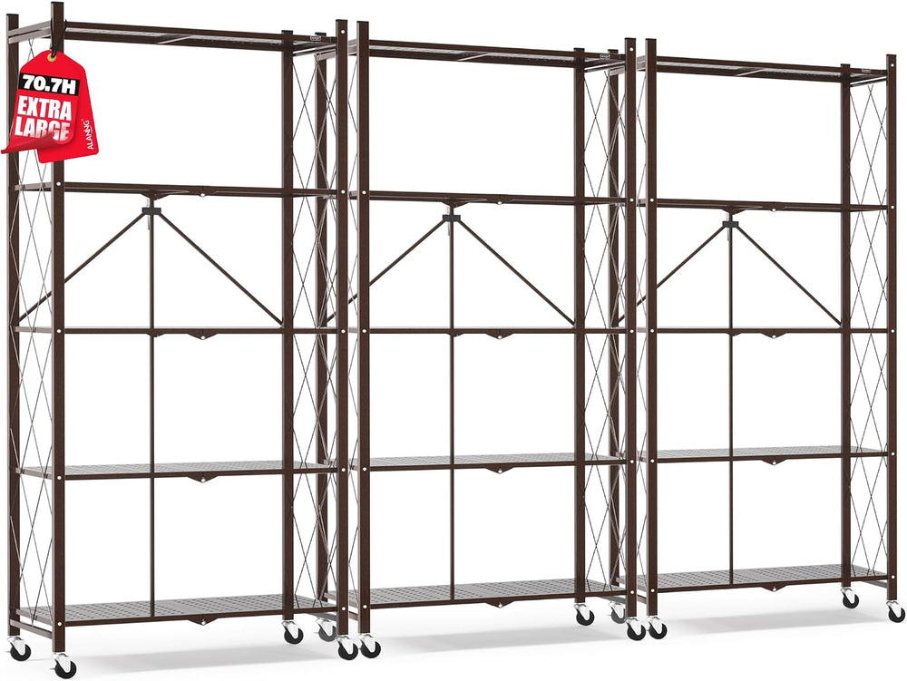 ALANNG 70.7" H Metal Storage Shelves, 5 Tier Folding Shelf on Wheels