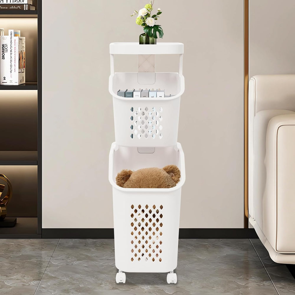 2 Tiers Rolling Laundry Hamper, White Plastic Laundry Basket Holder with Whee...