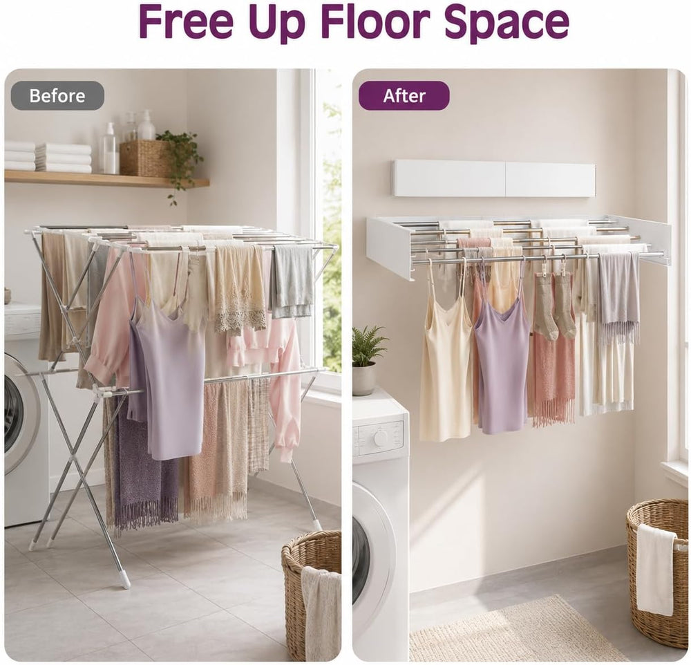Wall Mounted Clothes Drying Rack, Foldable Retractable Laundry Rack with 5 Ro...