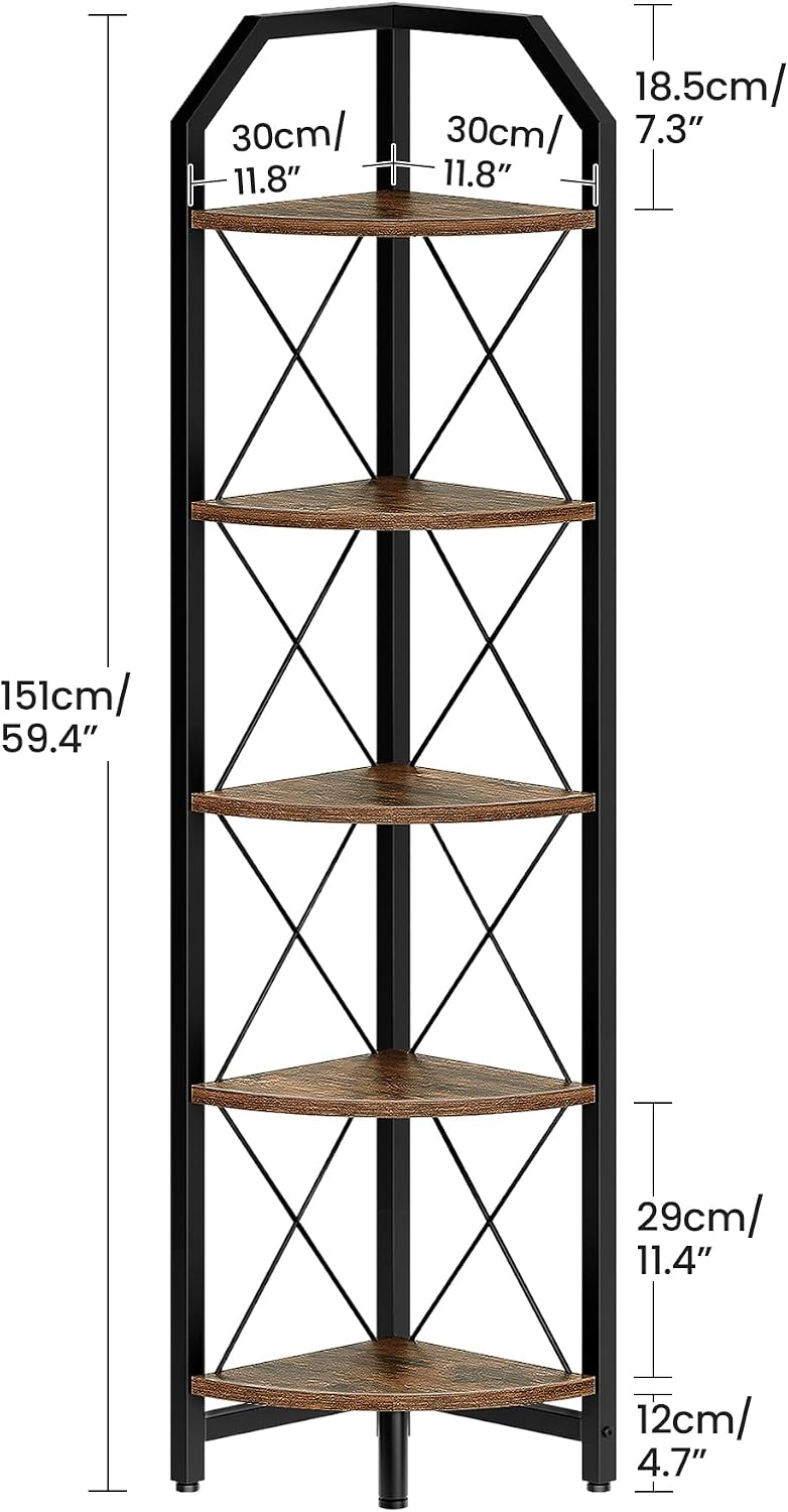 59.4" Corner Shelf, 5-Tier Industrial Corner Bookshelf, Corner Storage S...