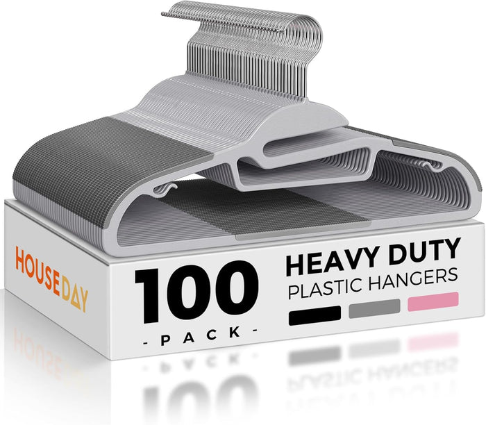 HOUSE DAY Heavy Duty Plastic Hangers 100 Pack, Durable S-Shaped Non Slip Coat