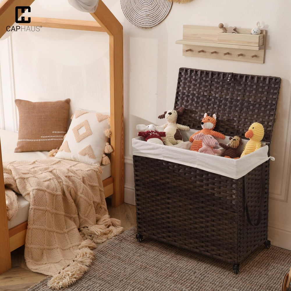 CAPHAUS Handwoven Basket w/Lid for Storage, Synthetic Rattan Laundry Hamper w...