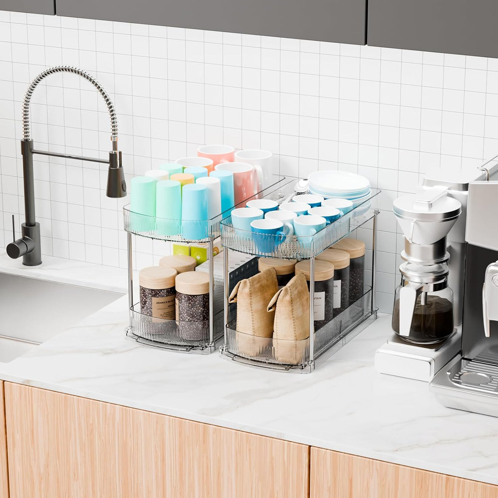 4 Pack Large Pull Out Bathroom Organizers and Storage,2 Tier 12.8″ Tall Slidi...