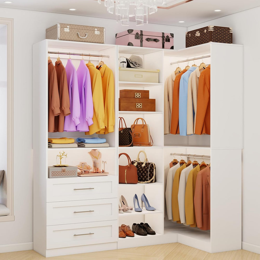 Closet System with 3 Drawers, Corner Closet Organizer Systems with 7 Shelves ...