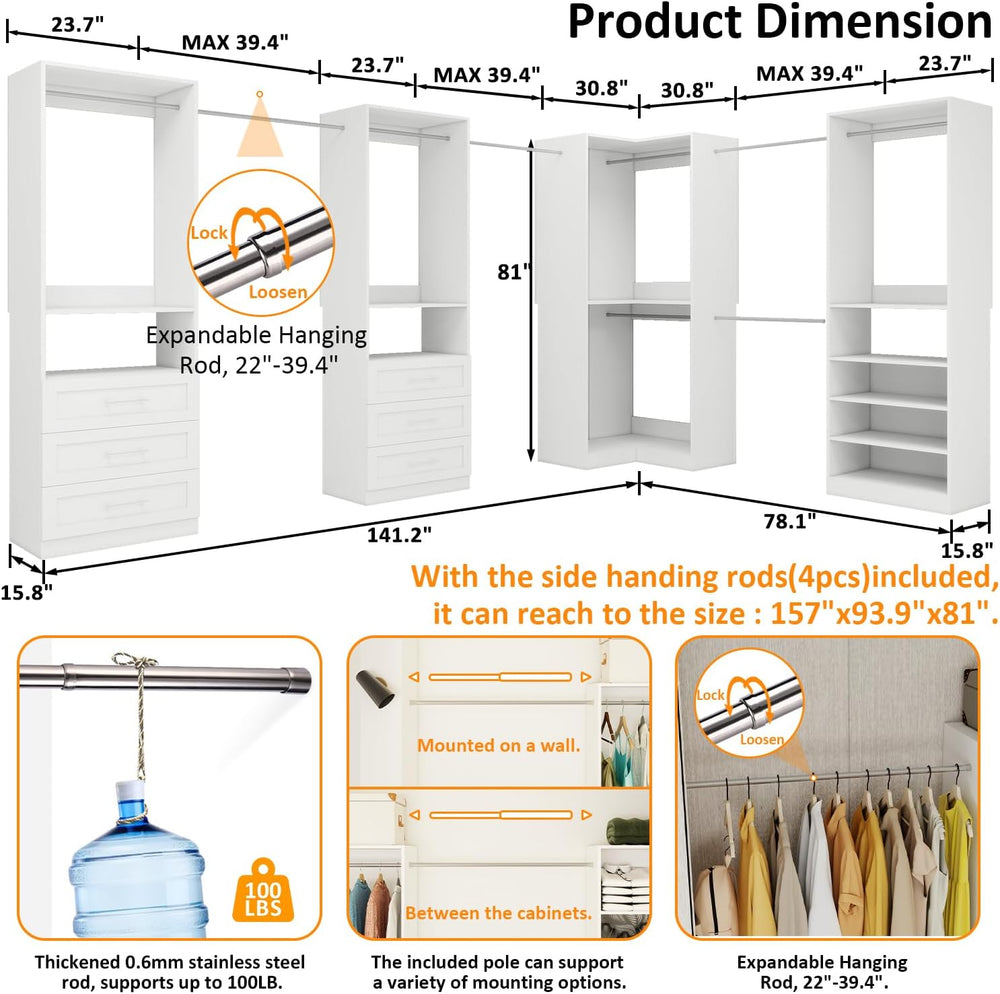 Closet System of 4 Set, 8.5FT-18.5FT Closet Organizer Systems with 6 Drawers ...