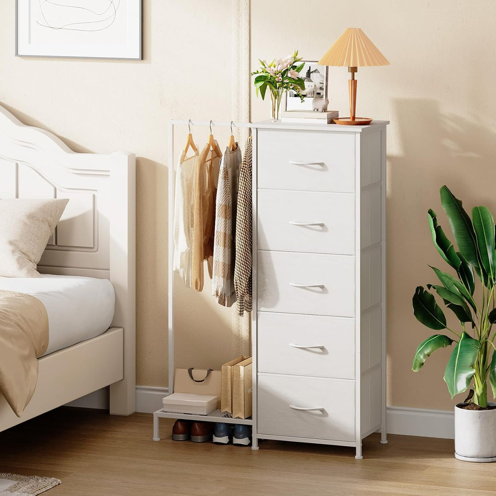Somdot Dresser with Hanging Rack, 5 Drawers Small Closet for Bedroom