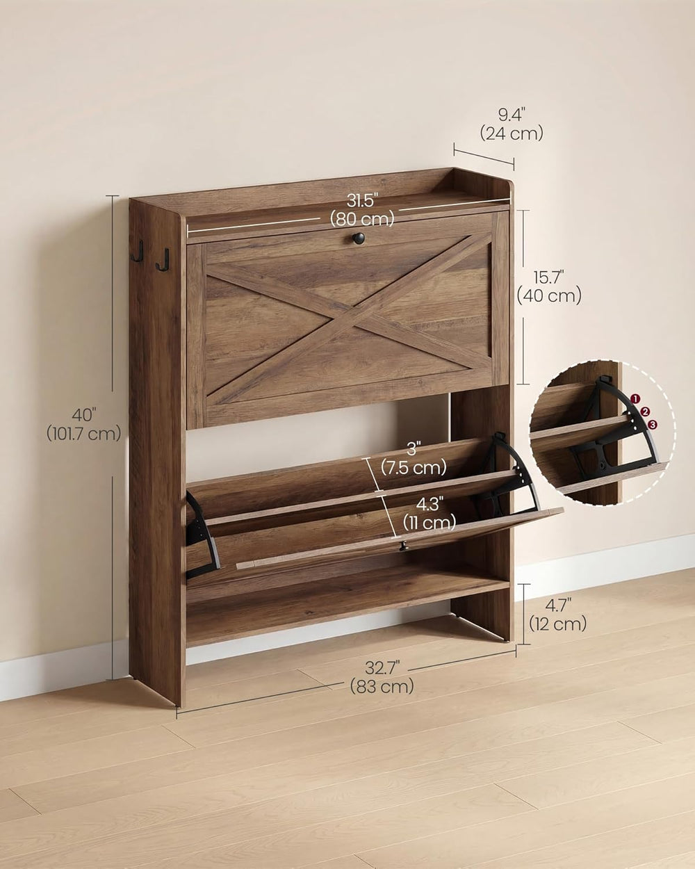 VASAGLE Narrow Shoe Storage Cabinet Organizer with 2 Flip Drawers