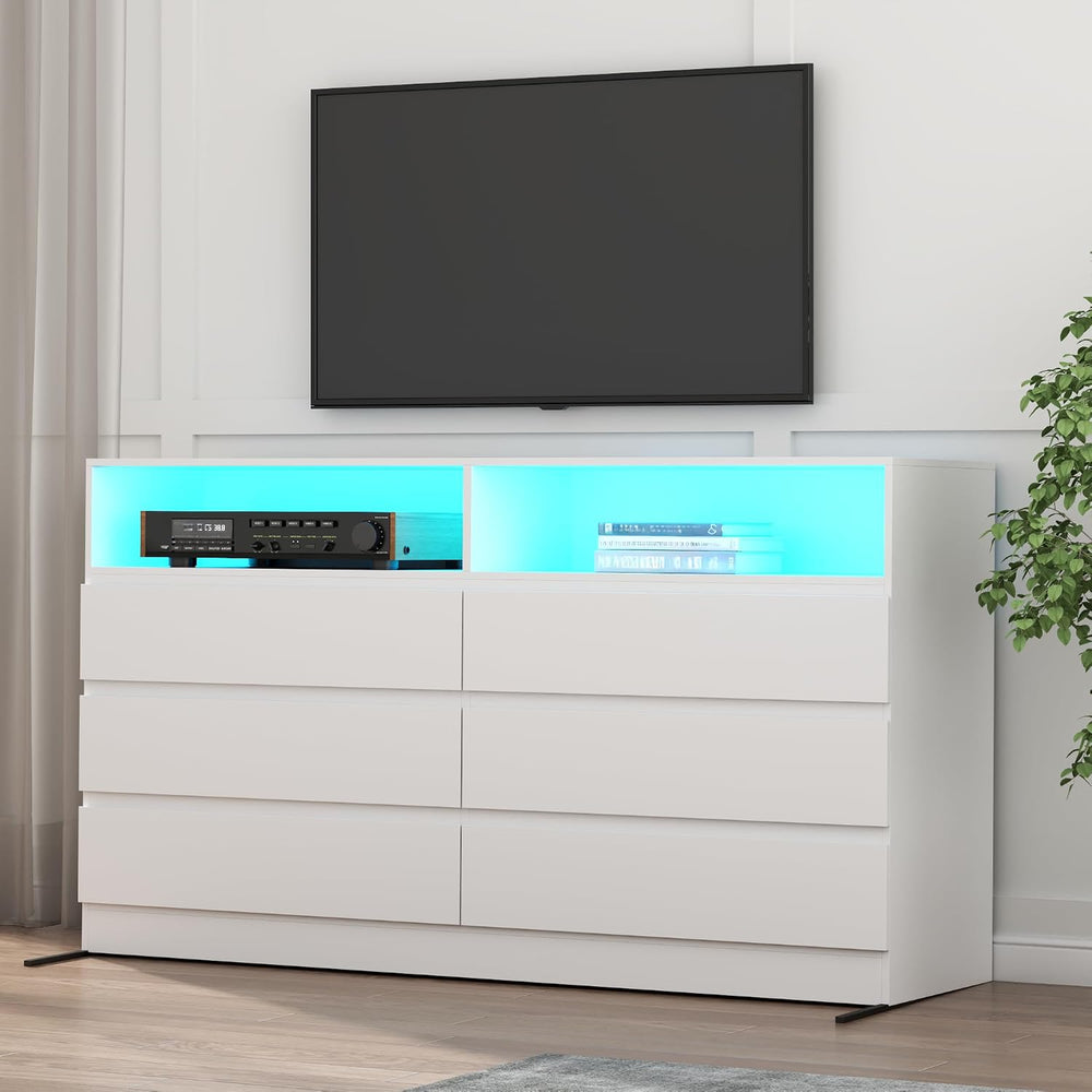 Gyfimoie White 6-Drawer Dresser for Bedroom w/Power Outlet and LED Light
