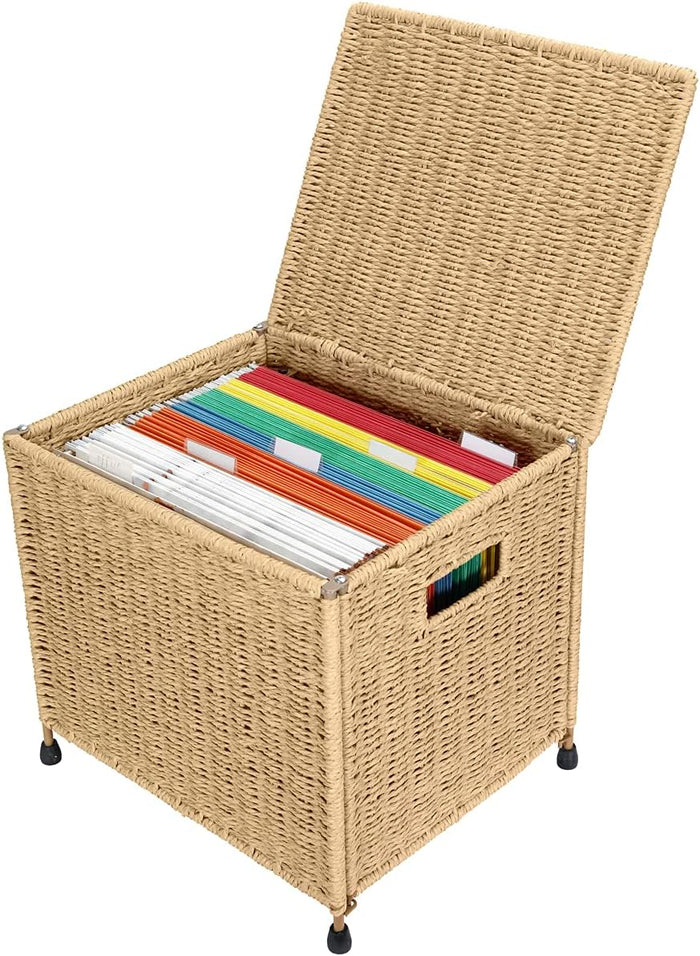 URFORESTIC Seagrass File Filing Cabinet File Box Organizer | Collapsible Letter Size Hanging File Box Organizers with Lid | Decorative Seagrass Filing & Storage Office Box | Letter Size (Natural)