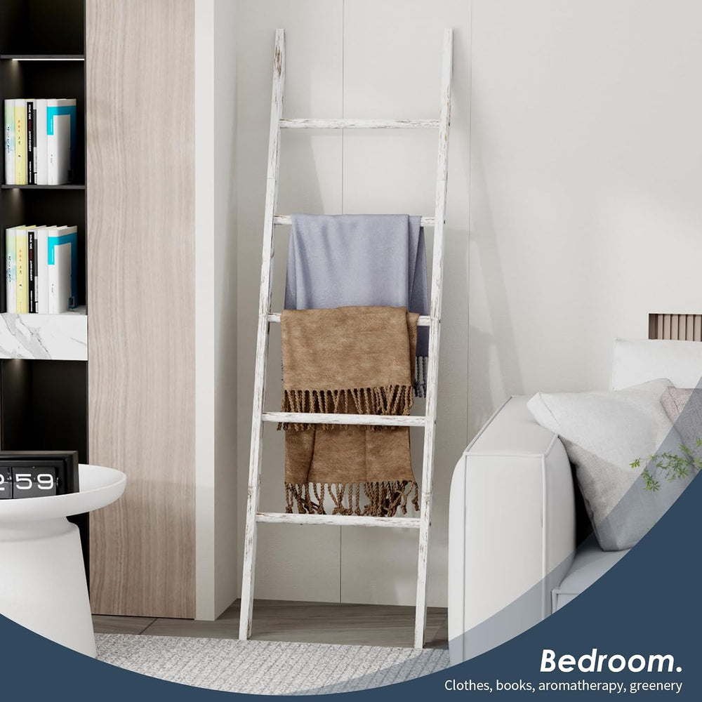 5-Tier Blanket Ladder Wooden, 5.3FT(63'') Blanket Quilt Holder Rack D...