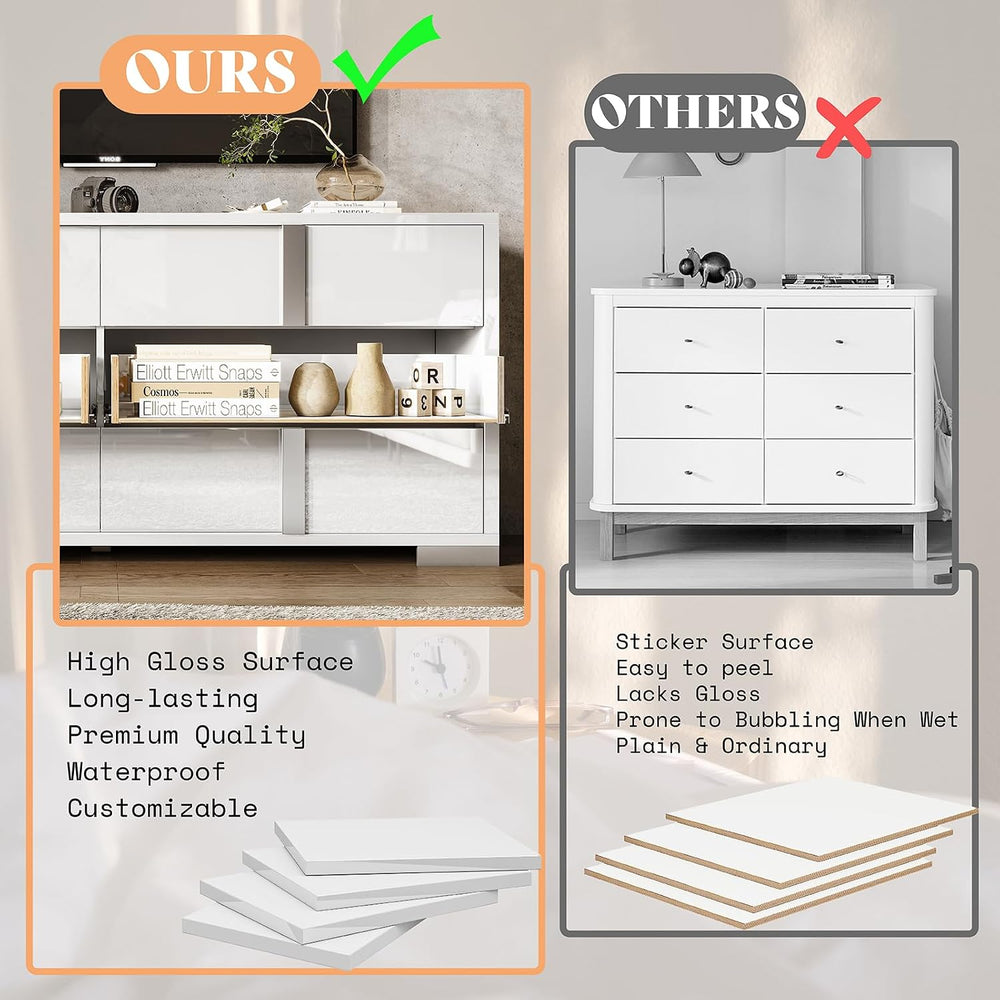 AMERLIFE 6 Drawer Dresser, Modern Storage Chest, High Gloss Finish, White