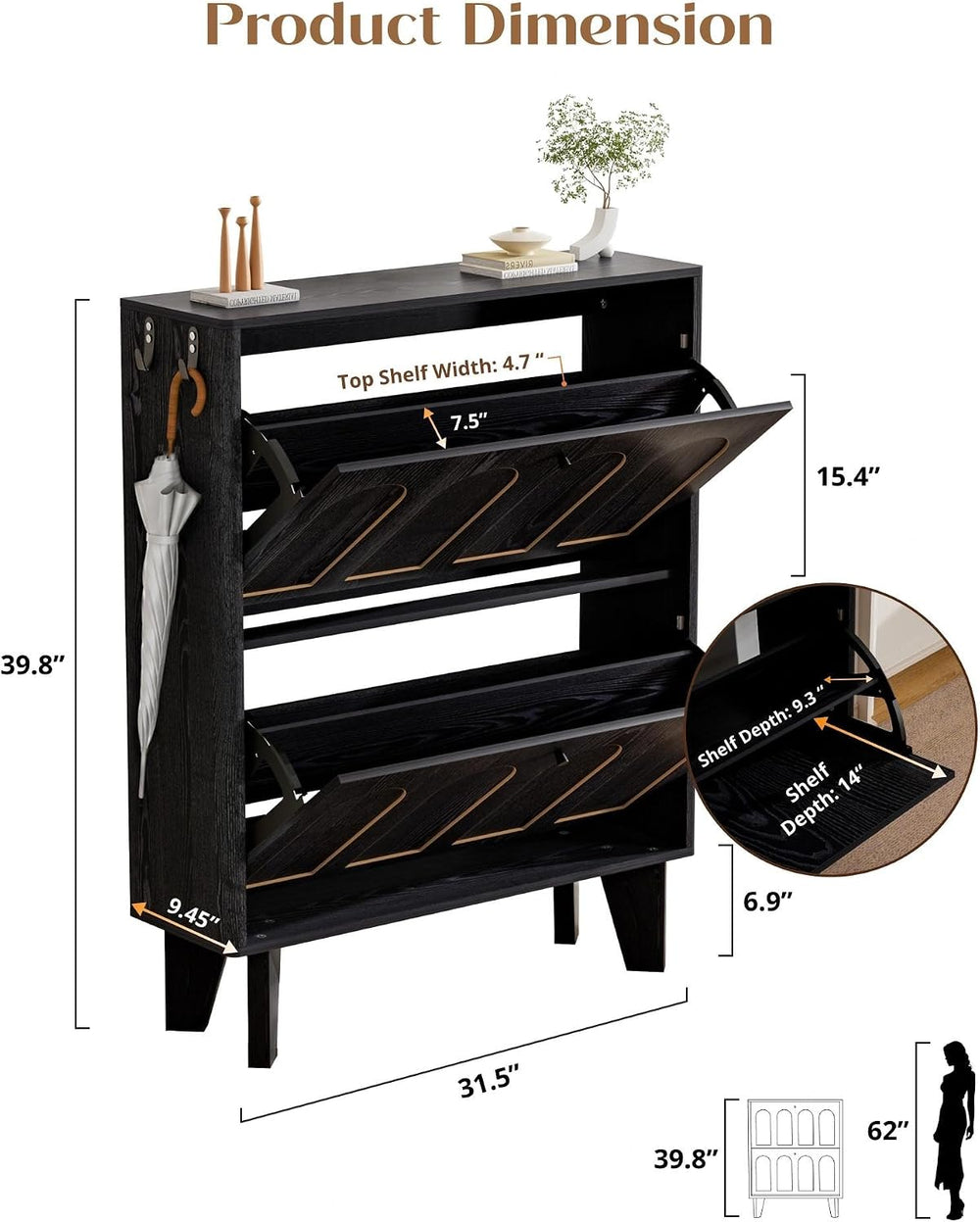 Shoe Storage Cabinet with 2 Flip Drawers, Narrow Shoe Cabinet for Entryway, W...
