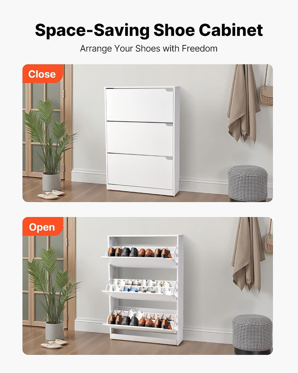 VEVOR Shoe Cabinet with 3 Flip Drawers, Modern Shoes Storage Cabinet with Ant...