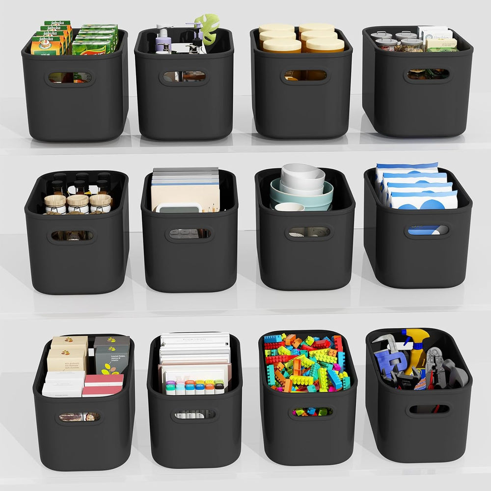 12 Pack Black Storage Bins for Shelves, Plastic Storage Containers for Organi...