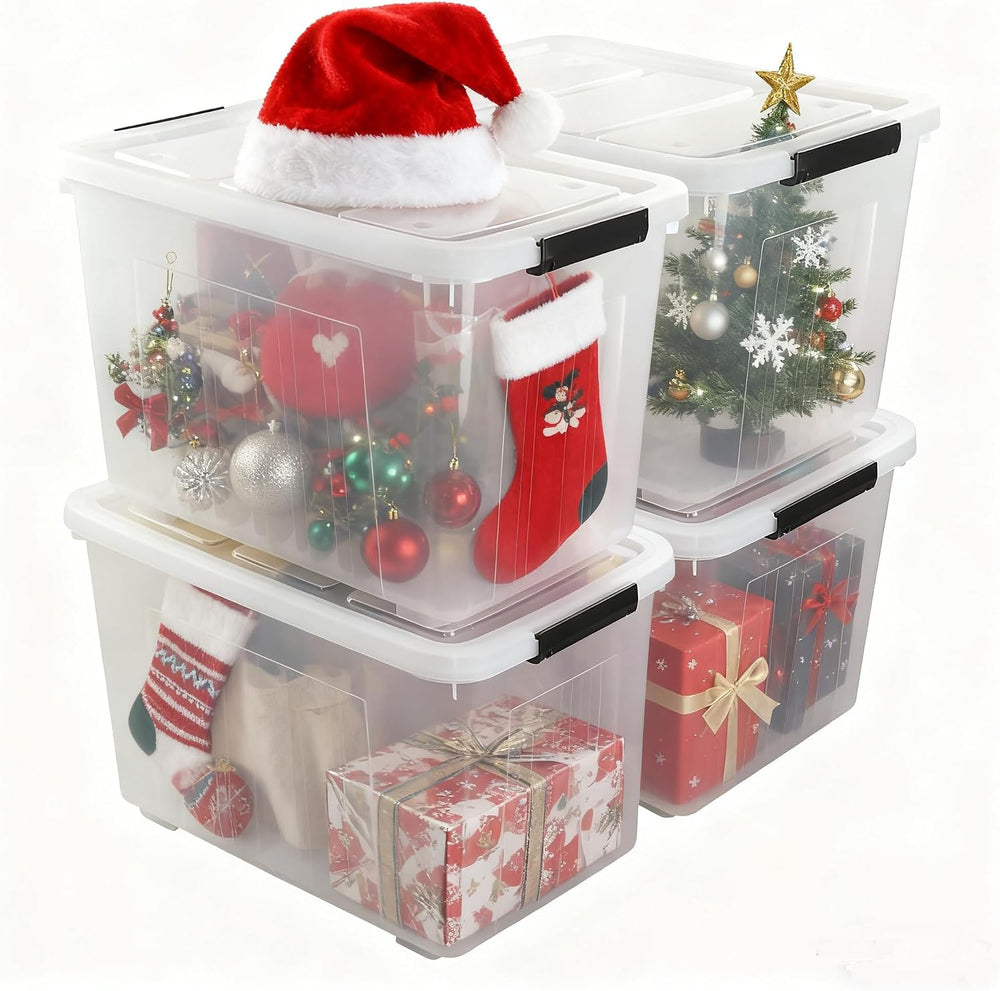 Clear Large Storage Bins with Lids and Wheels, 70L, 4-Pack