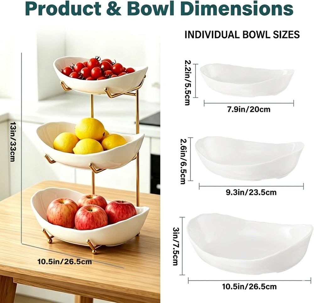 3-Tier Ceramic Fruit Bowl, Metal Stand with Anti-Slip Silicone