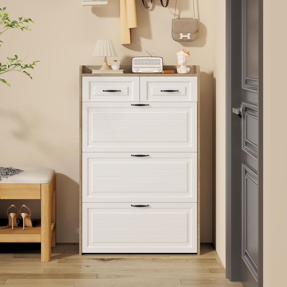 Shoe Cabinet with 3 Doors 2 Drawers, Wooden Narrow Shoe Storage Cabinet for E...