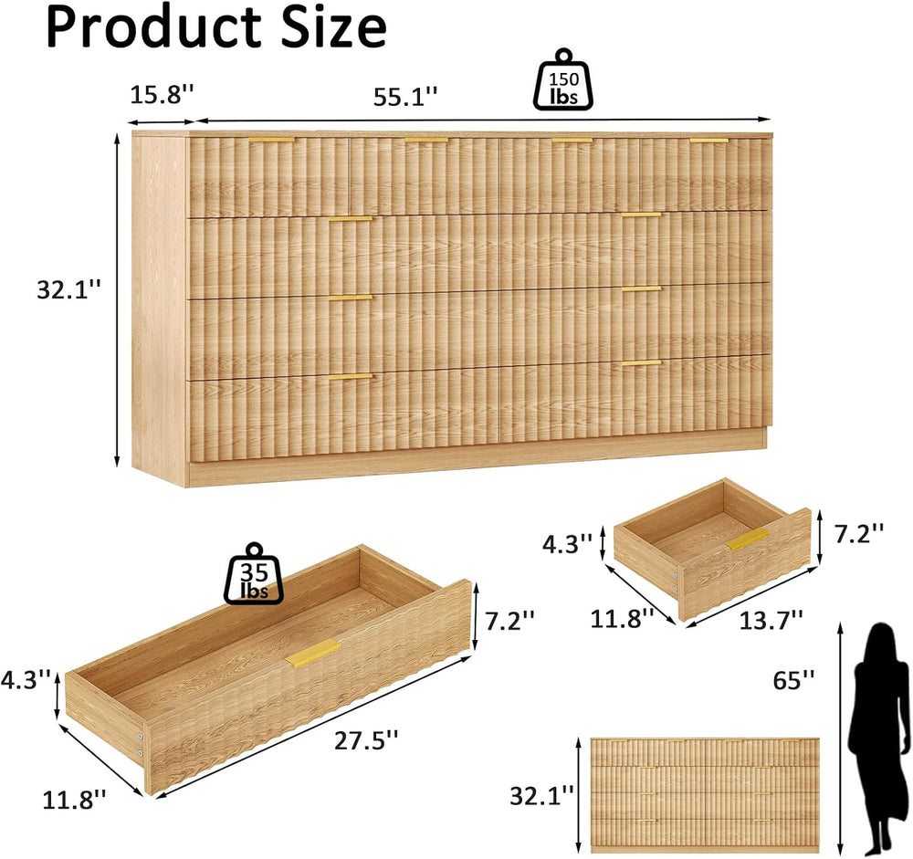 55.1" Wide Fluted 10 Drawer Dresser for Bedroom, Natural