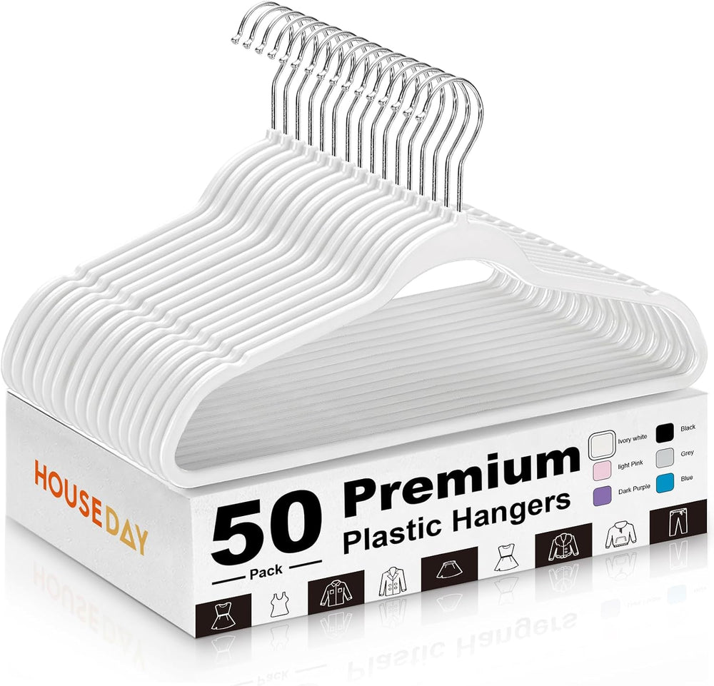 HOUSE DAY Ivory Plastic Hangers 50 Pack - Ultra-Thin Heavy Duty Non-Velvet