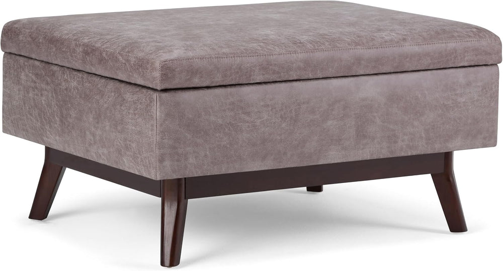 SIMPLIHOME Owen 34" Wide Vegan Leather Lift Top Ottoman in Grey Taupe