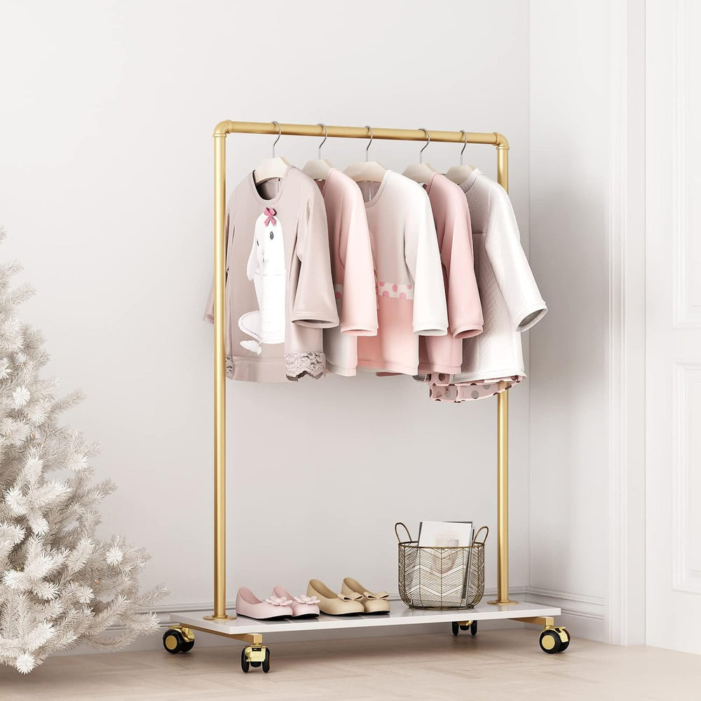 Gold Metal Clothing Rack with Wood Shelf, Heavy Duty Rolling Garment Rack wit...