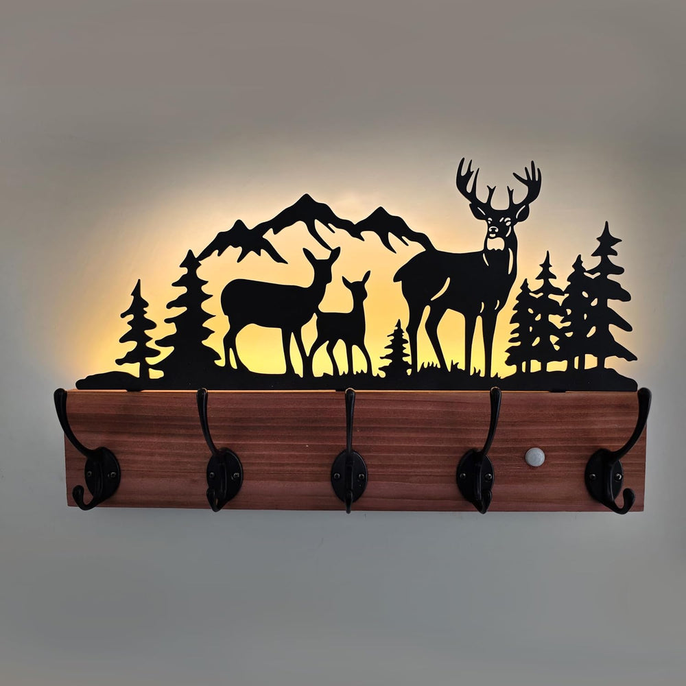 Metal Deer Coat Hooks Wall Mounted, Battery Operated Induction Light Hooks, W...