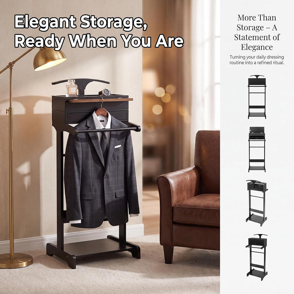 Suit Valet Stand | Knight Valet Sand with Tie Bar | Wood Valet Stand with Bas...