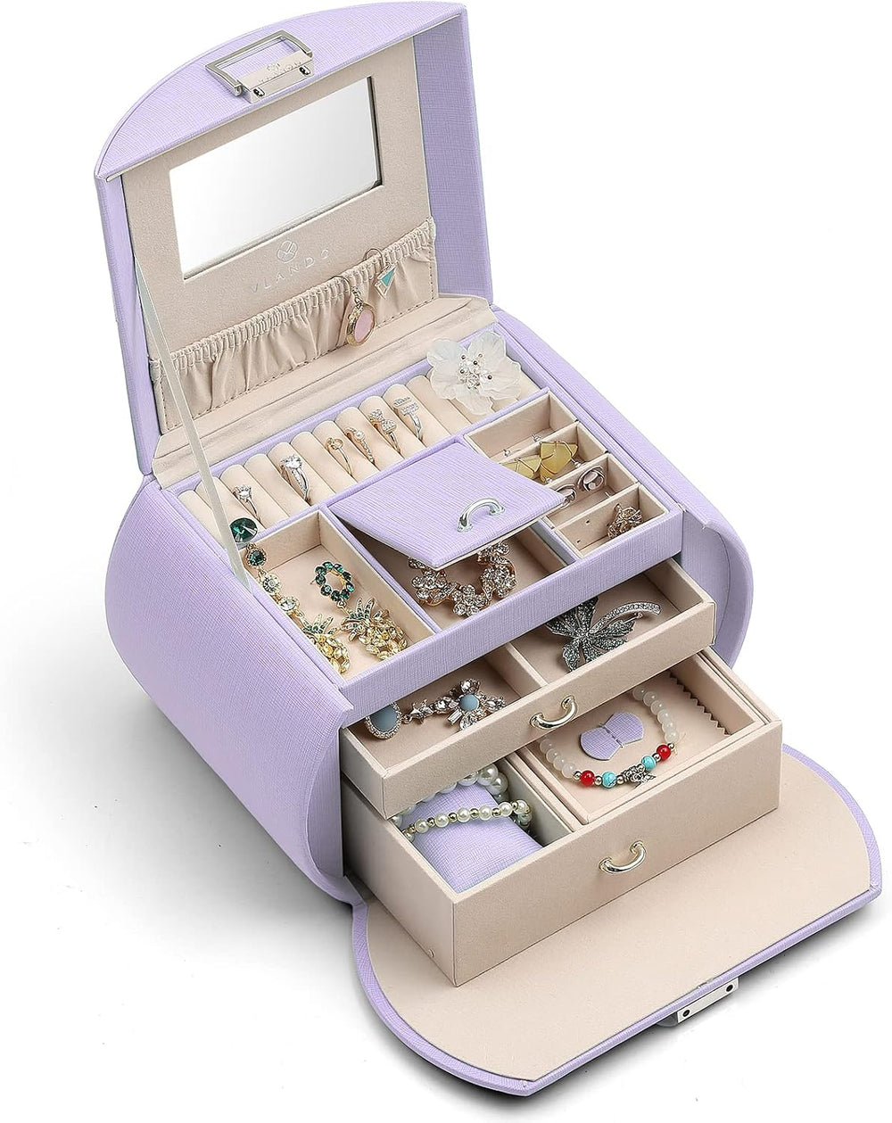 VLANDO 3-Layer Princess Jewelry Box With Mirror For Girls,Purple