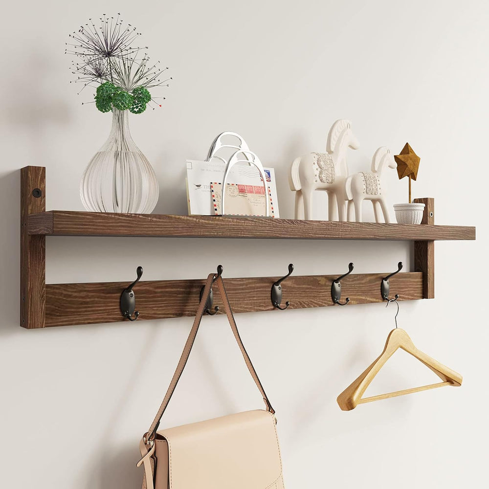 AMBIRD 28.9 Inch Length Shelf with Hooks Entryway Coat Rack Wall Mount Wood C...
