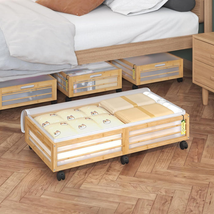 Underbed Storage with Wheels, 2 Pack Bamboo Containers for Shoes & Clothes