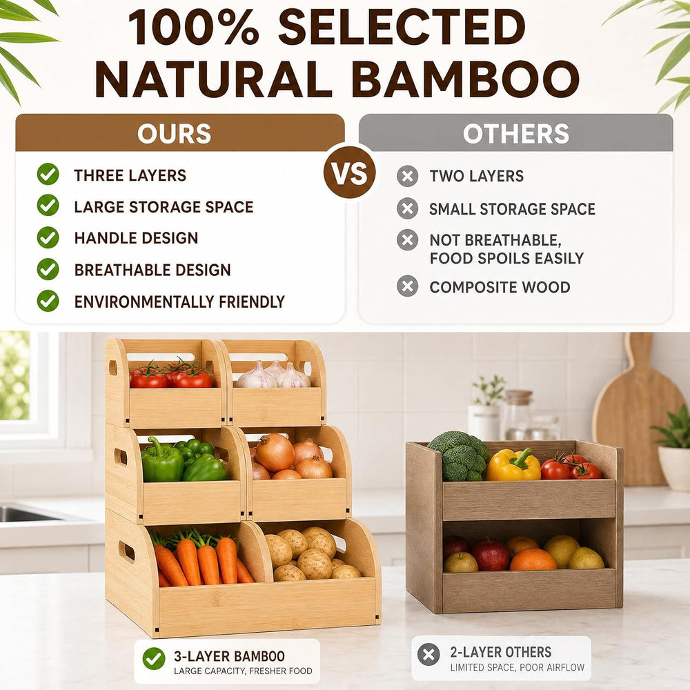 GLEAVI Bamboo Potato and Onion Storage Bin, 3 Tier Slide-Out Vegetable Basket...