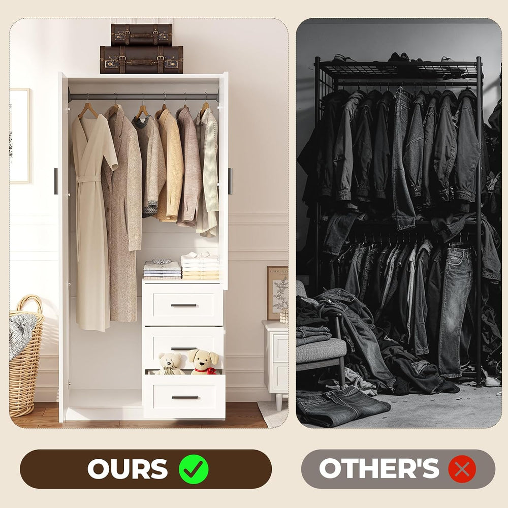 Wardrobe Closet with Doors, Bedroom Armoire with 3 Drawers and Hanging Rod