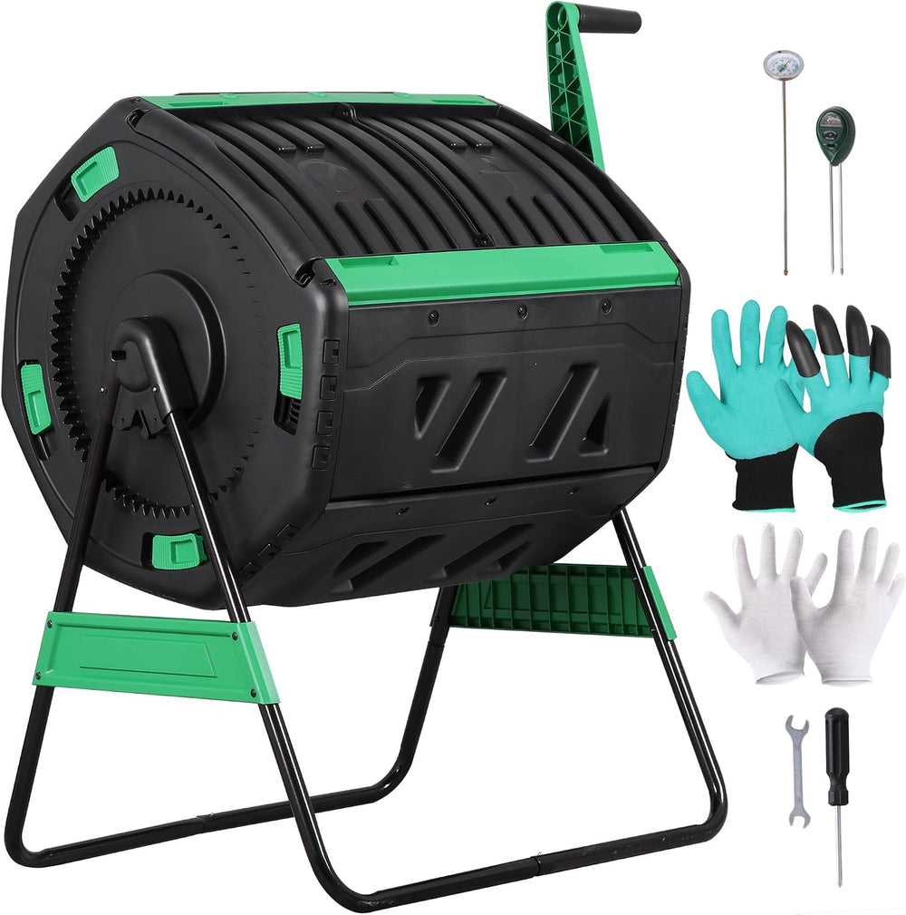 F2C 53Gal Dual Chamber Compost Tumbler, Octagonal Outdoor Compost Bin w/Therm...