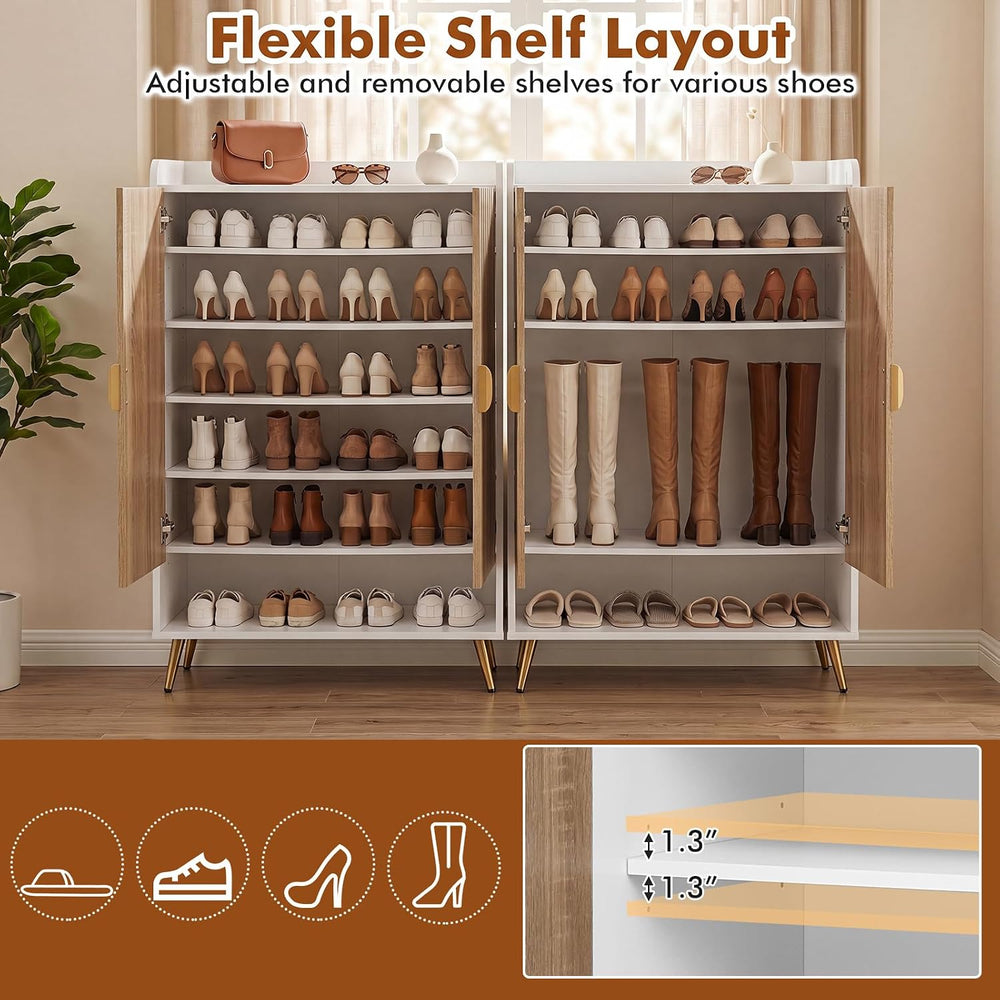 Giantex Shoe Storage Cabinet w/Door, Adjustable Shelves, Metal Leg, Natural