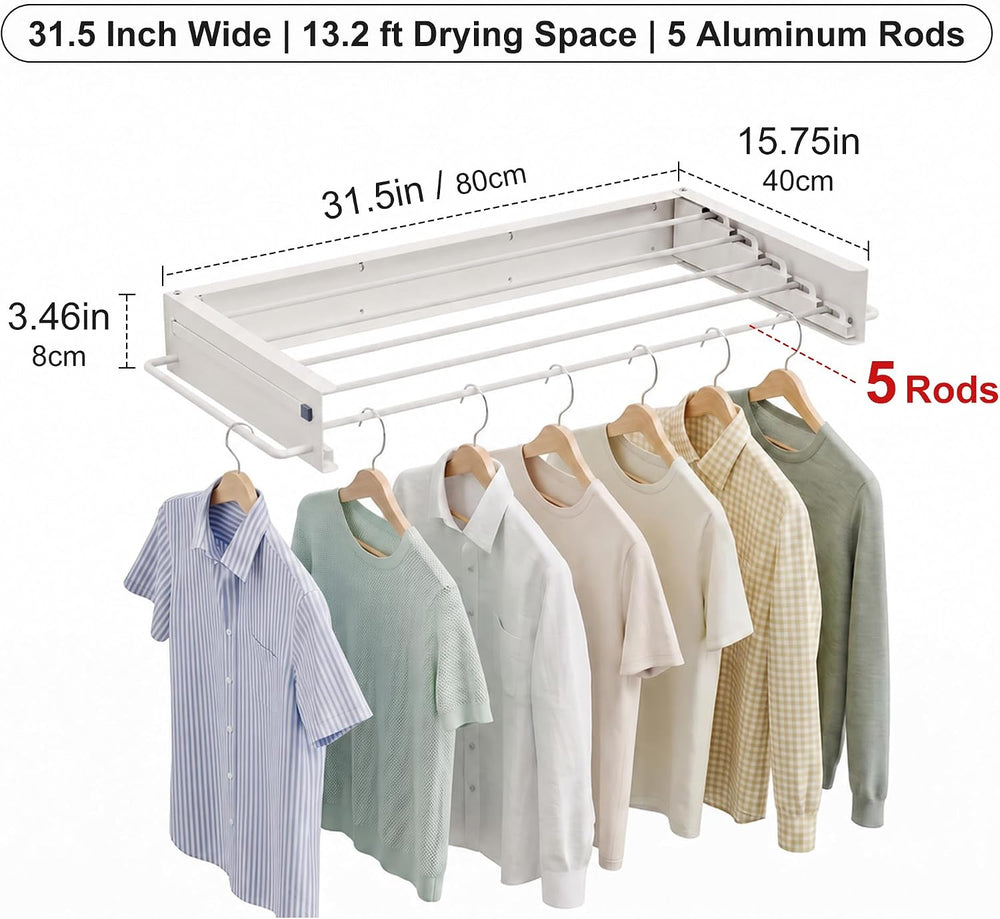 JOOM Wall Mounted Clothes Drying Rack,31.5 Inch Foldable Rack,White,Poles