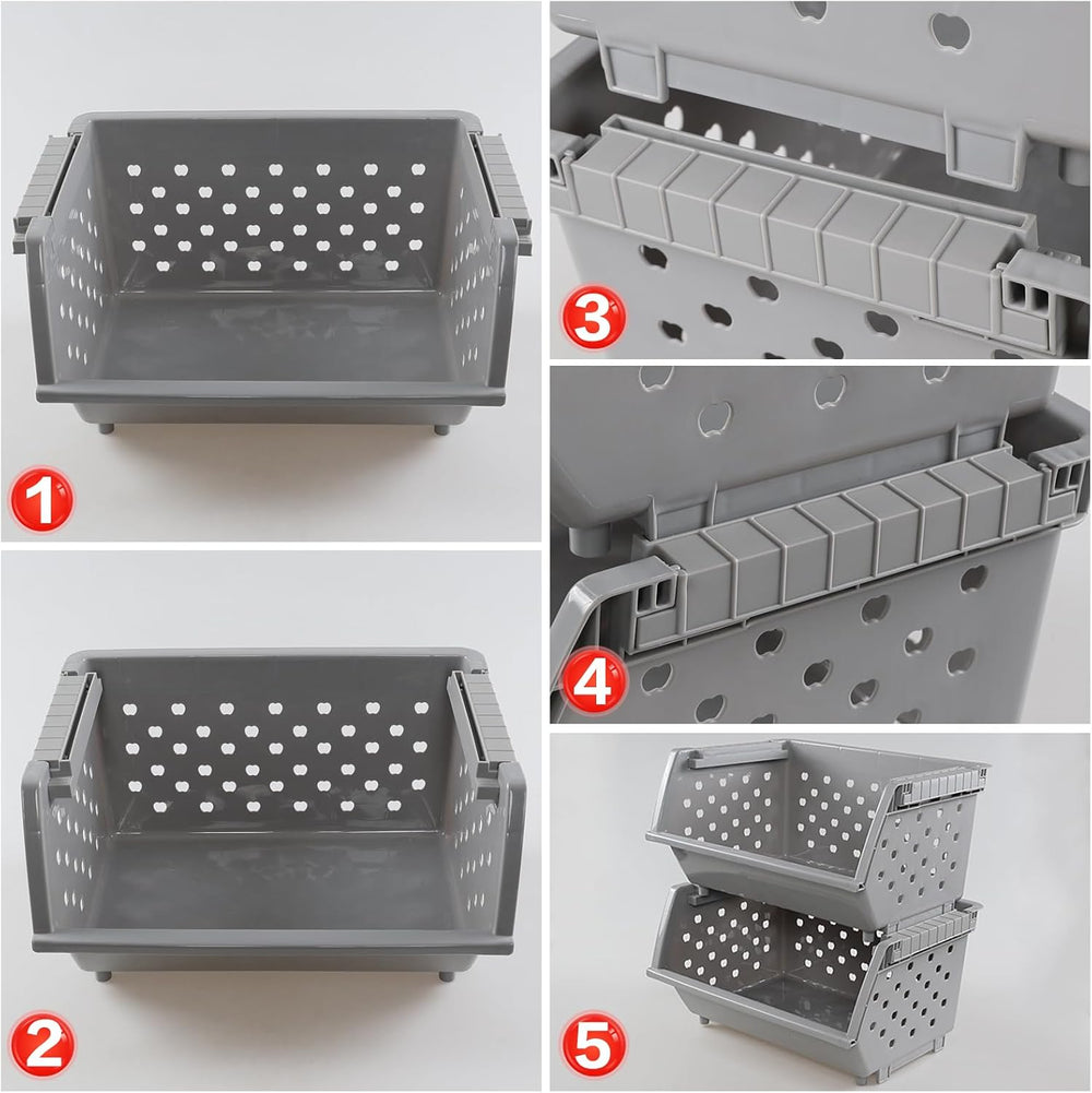 3 Pack Plastic Stackable Storage Baskets, Open Front, Grey