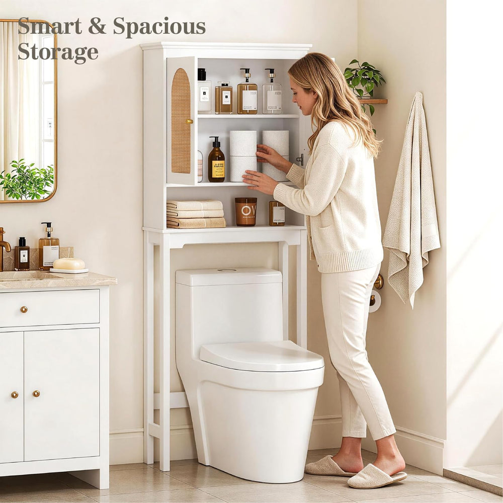 Spirich Over The Toilet Storage Cabinet, Arched Rattan-Style Doors, White