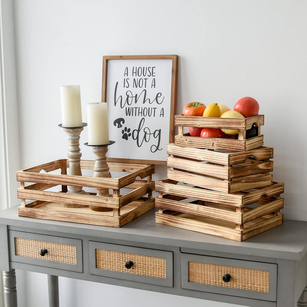 Set of 4 Large Torched Wood Decorative Storage Crates, Nesting Wooden Crates ...